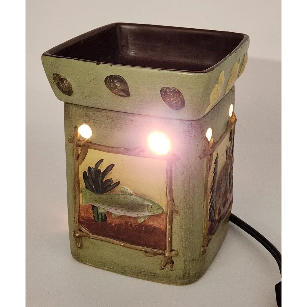 Retired Scentsy Lodge Ceramic Warmer Pack Woodland Wilderness Bear Trout Tree